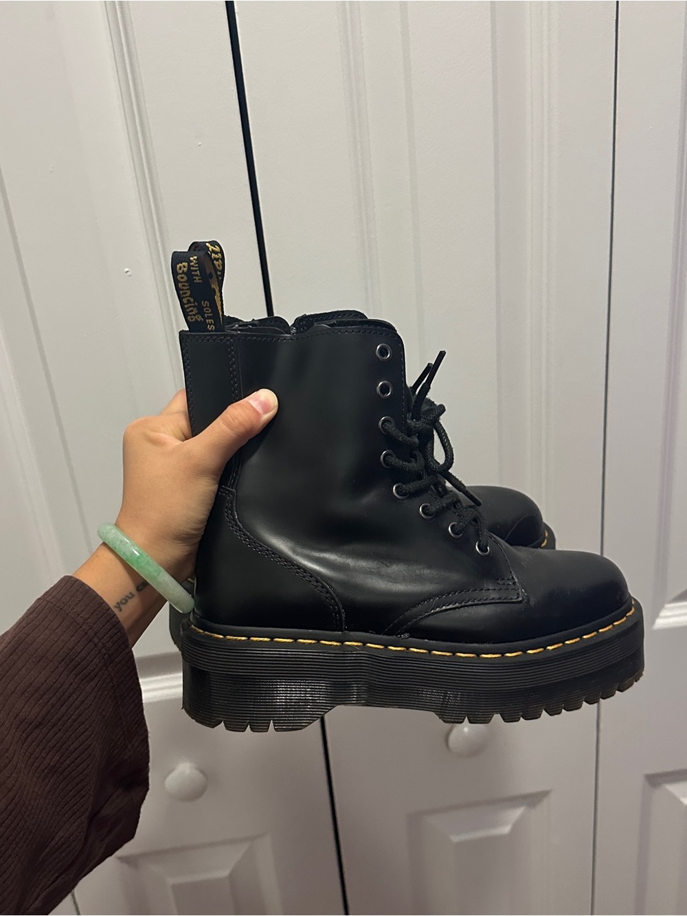 Dr. Martens Black Leather Platform Lace-Up Boots with Yellow Stitching